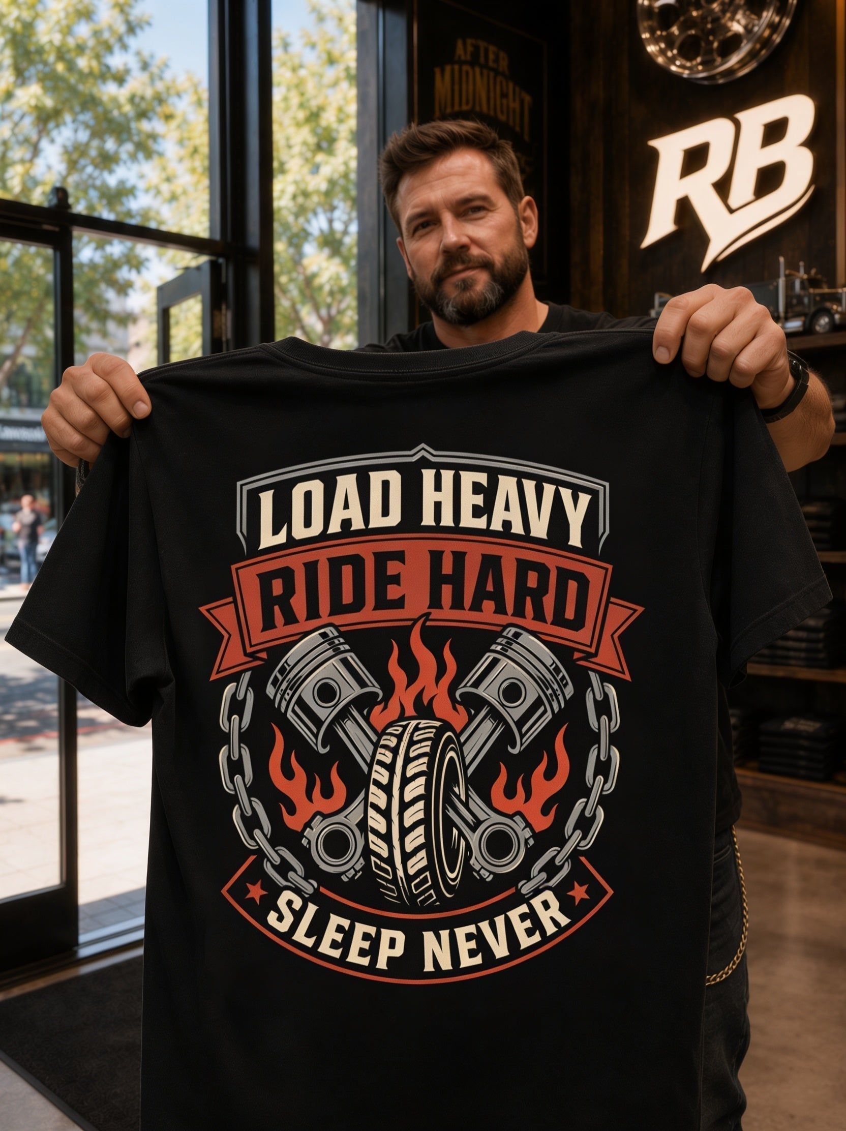 Load Heavy Ride Hard – Tee Front Back